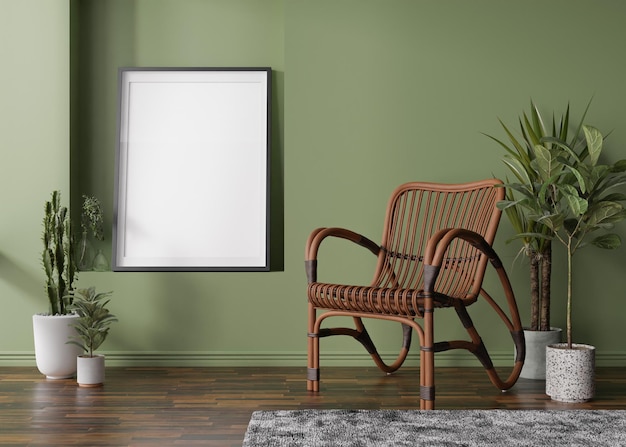 Lege verticale afbeeldingsframe op groene muur in moderne kamer Mock-up interieur in Scandinavische boho-stijl Gratis kopieerruimte voor uw foto Rotan fauteuil planten 3D-rendering