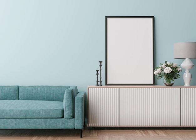 Lege verticale afbeeldingsframe op lichtblauwe muur in moderne woonkamer mock-up interieur in eigentijdse stijl vrije kopieerruimte voor foto console bank bloemen in vaas 3d-rendering