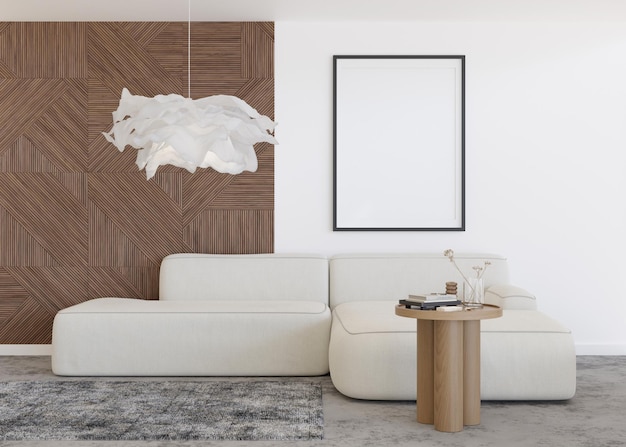 Lege verticale afbeeldingsframe op witte muur in moderne woonkamer Mock-up interieur in minimalistische eigentijdse stijl Gratis kopieerruimte voor uw foto Sofa tapijt 3D-rendering