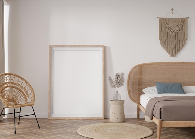 Lege verticale afbeeldingsframe staande op parketvloer in moderne slaapkamer Mock up interieur in boho-stijl Vrije ruimte voor foto of poster Bed macrame rotan fauteuil pampasgras 3D-rendering