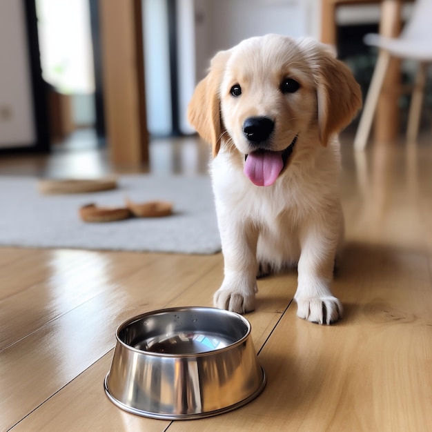 lege voedselbak op de vloer van de woonkamer en kleine hond die wacht om te eten