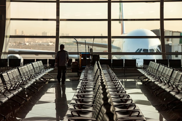 Lege wachtruimte met silhouet schonere werknemer in terminal International Airport