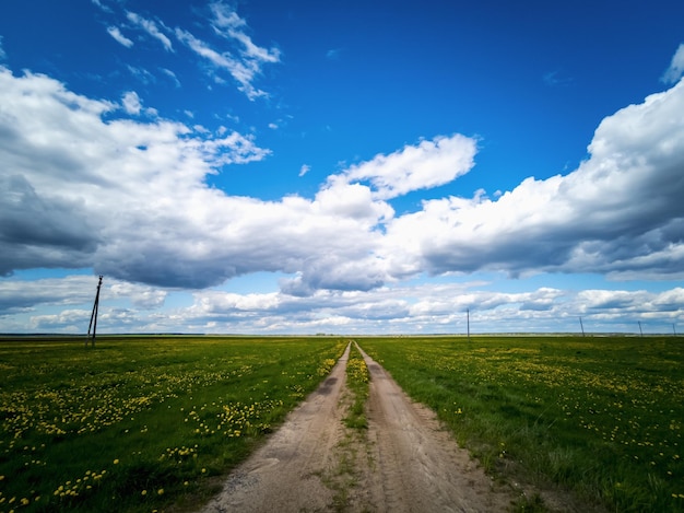 Foto lege weg door een veld met paardebloemen heldere lucht met wolken boven de weg