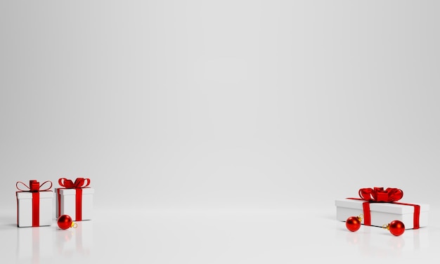Lege witte achtergrond met witte geschenkdoos op 3D-rendering 3d render geschenkdoos met rood lint