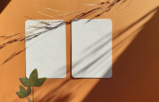 Lege witte bruiloft groet uitnodigingskaarten modellen met gedroogde bladeren van planten en kruiden op getextureerde terracotta tafel achtergrondkleur. Elegante moderne sjabloon voor branding identiteit. Plat lag, bovenaanzicht