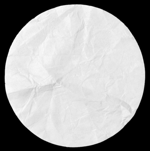 Lege witte cirkel vorm label geïsoleerd op zwarte achtergrond Verfrommeld papier stuk sjabloon mockup