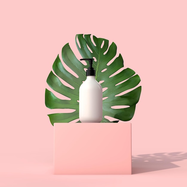 Lege witte cosmetische fles met een tropisch blad 3d render