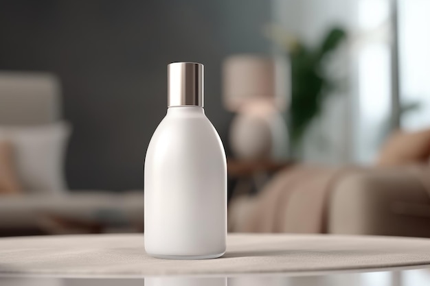Lege witte fles Spray Foundation Mockup met woonkamer Achtergrond Generatieve AI