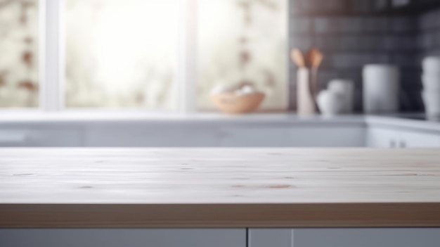 Lege witte houten tafel met keuken bokeh achtergrond AI gegenereerd
