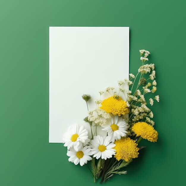 Foto lege witte kaart met bloemen eromheen op een groengele kleurachtergrond