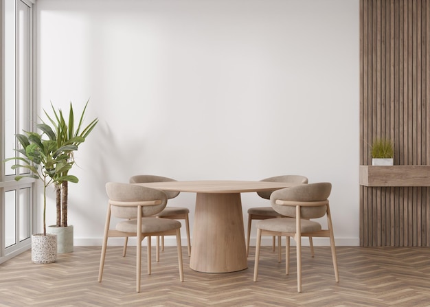 Lege witte muur in moderne woonkamer Mock-up interieur in Scandinavische stijl Gratis kopieerruimte voor uw afbeeldingstekst of een ander ontwerp Tafel met stoelen planten 3D-rendering