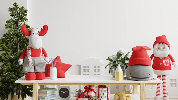 Lege witte muur met tafel en decor in het kerstinterieur van de woonkamer