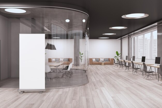 Lege witte poster op houten vloer voor moderne glazen wand en ronde hoek vergaderruimte met stijlvol meubilair en lampen in ruim coworking kantoor met banken 3d rendering mockup