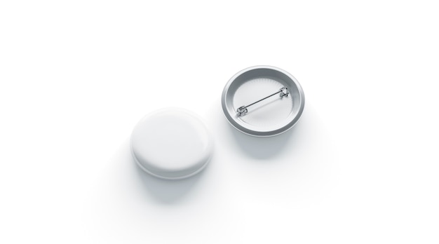 Lege witte ronde badge mockup, voor- en achterkant, geïsoleerd, 3D-rendering. Lege ronde pin mock-up. Duidelijk bedrijfsembleem sjabloon. Plastic knooplabel, bovenaanzicht.