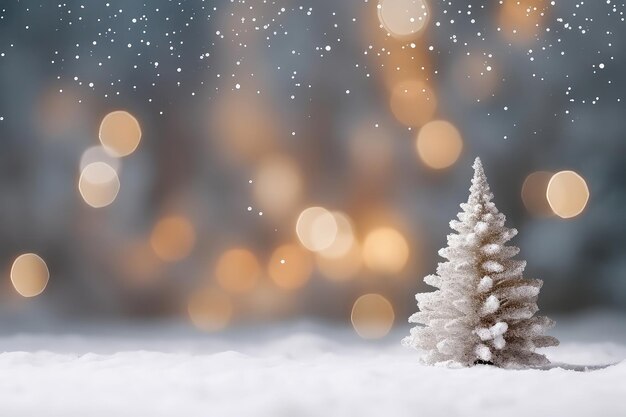 Foto lege witte sneeuw met wazig kerstboom en bokeh lichte achtergrond mockup