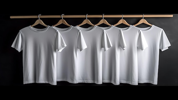 Lege witte t-shirts set hangend aan hangers mockup donkere zwarte achtergrond