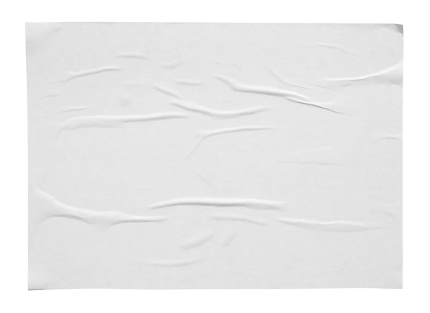 Lege witte verfrommeld en gevouwen papier sticker of poster textuur geïsoleerd op een witte achtergrond