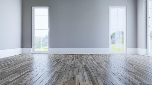 Lege woonkamer met houten vloerramen en geschilderde muurconcept 3D-rendering