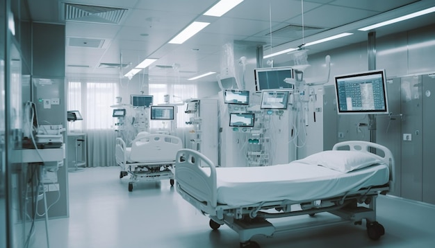 Foto lege ziekenhuisafdeling met moderne apparatuur en verlichte architectuur gegenereerd door ai