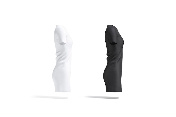 Foto lege zwarte en witte stoffen jurk mockup set zijaanzicht lege midi-jurk of lange tshirt mock-up
