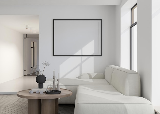 Lege zwarte horizontale afbeeldingsframe op witte muur in moderne woonkamer Mock-up interieur in eigentijdse stijl Gratis kopie ruimte voor uw foto poster Sofa tafel met vaas 3D-rendering