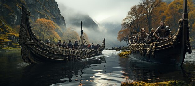 legendarische Viking krijgers hun lange schepen gevechten en Noorse mythologieGegenereerd met AI