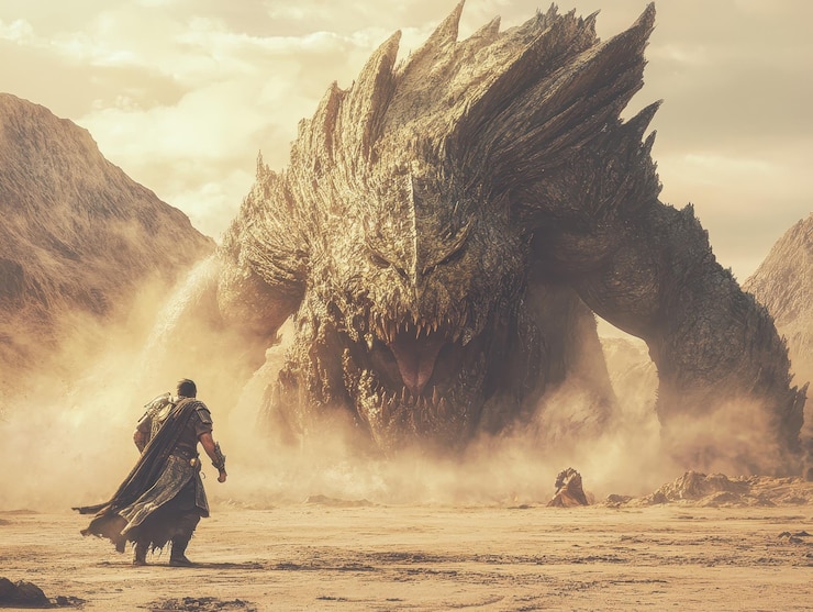 Photo legendary hero facing colossal monster epic battle in vast wasteland