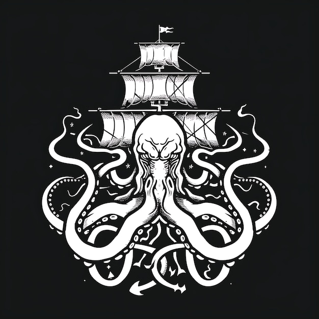 Legendary Kraken Clan Sign With Kraken Tentacles and Ship Fo Creative Logo Design Tattoo Outline