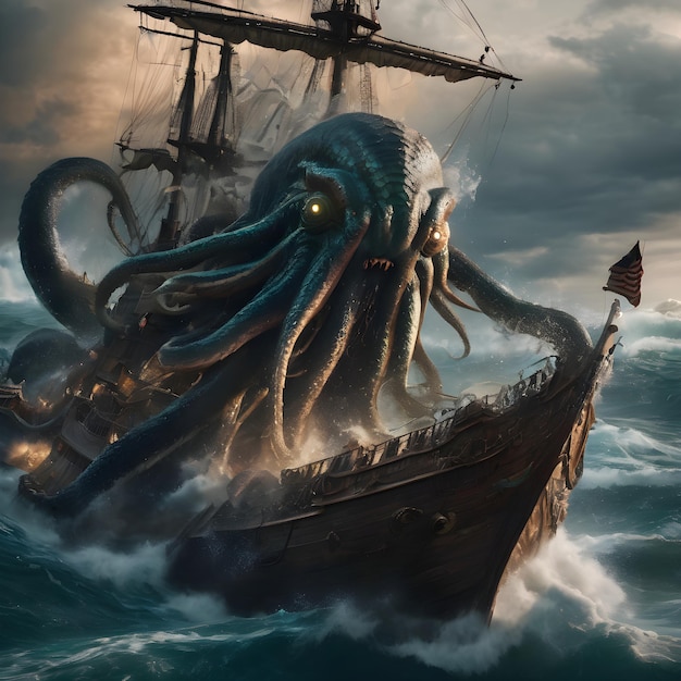 사진 전설적인 바다의 공포 크라켄 (kraken) 은 바다의 깊은 곳으로 그것을 데려가기 위해 그것을 침몰시키는 배에 올라갑니다.