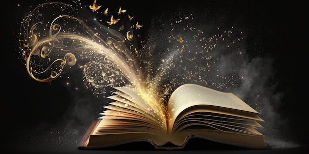 Legendary magic book or bible opening with fairy flying particles