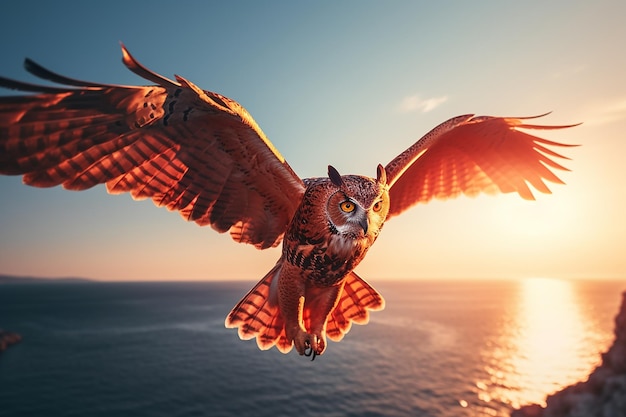 Legendary Red Owl Over the Sea
