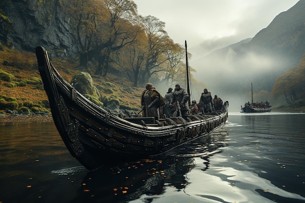 Photo legendary viking warriors their longships battles and norse mythologygenerated with ai