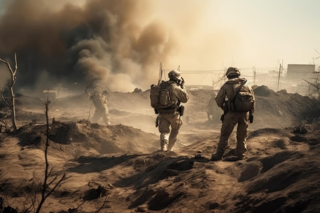Legersoldaten in oorlog in woestijn Generatieve AI