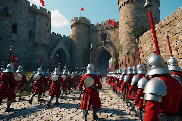 Photo legion marching towards the medieval castle 3d