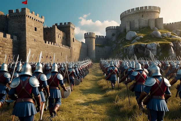 legion marching towards the medieval castle 3d