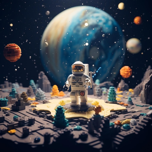 Photo lego astronaut on a planet with planets in the background generative ai