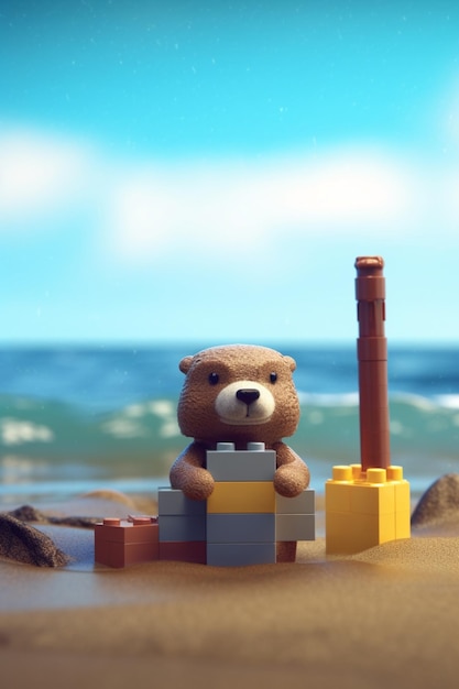 A lego bear sits on a beach next to a lego block.