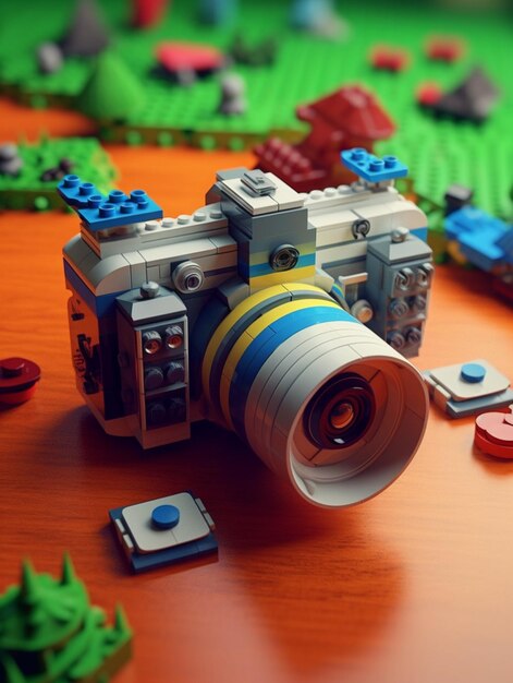 Una macchina fotografica lego con una striscia gialla e blu è su un tavolo.