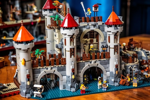 A lego castle with turrets drawbridge and a royal ai generated