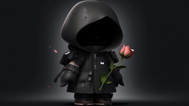 A lego character with a black hood and a flower in the middle.