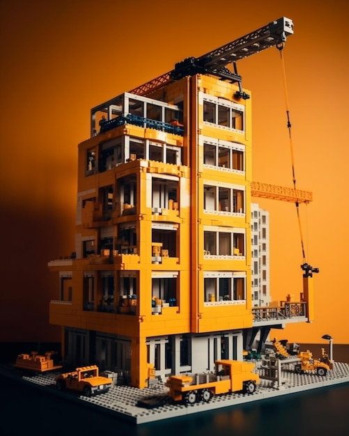 lego construction of a building with a crane and construction equipment generative ai