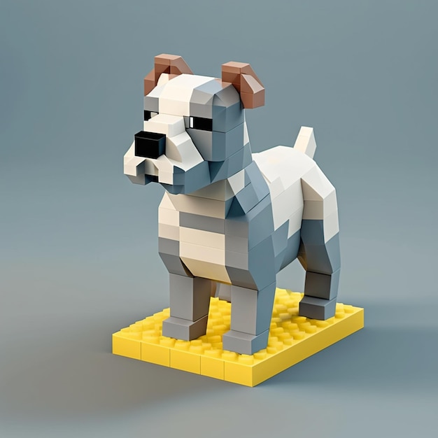 Foto un cane lego è su una piattaforma gialla con uno sfondo grigio.