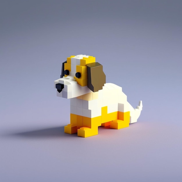 A lego dog made of legos is shown in a white and yellow lego style.