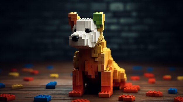 Photo a lego dog sits in front of a brick wall.