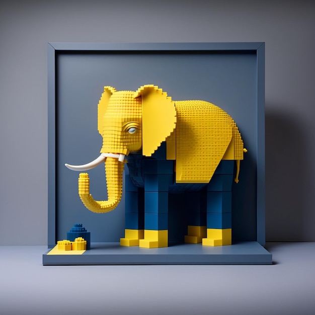 Foto un elefante lego fatto di blocchi lego viene visualizzato in una cornice.