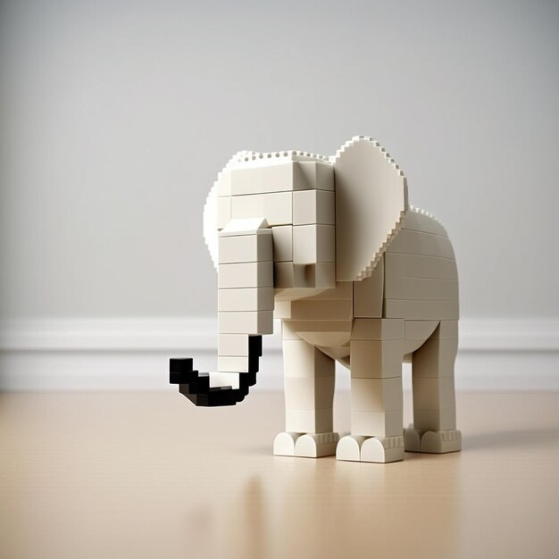 Foto un elefante lego fatto di lego è mostrato in una stanza.