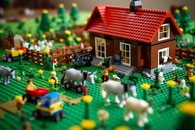 Photo a lego farm complete with barn animals and fields ai generated