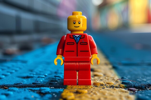 A lego figure standing on a street