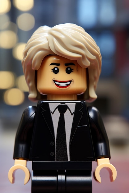 A lego figure with a black suit