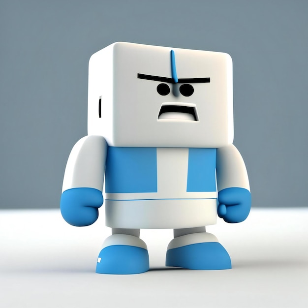 A lego figure with a sad face and a blue and white shirt